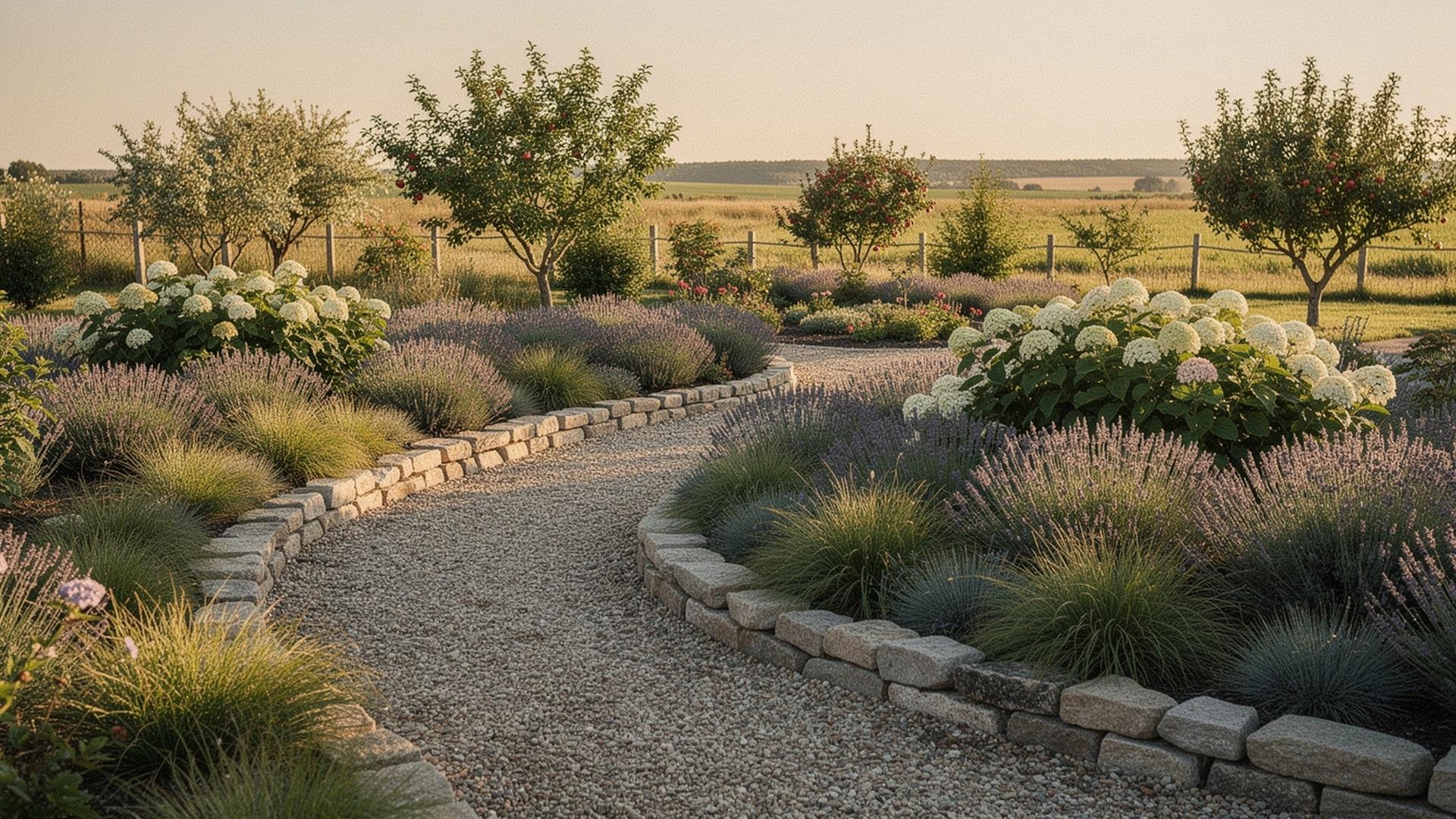 Gravel garden path curving between clipped ornamental grasses and lavender beds in a Ukrainian country garden