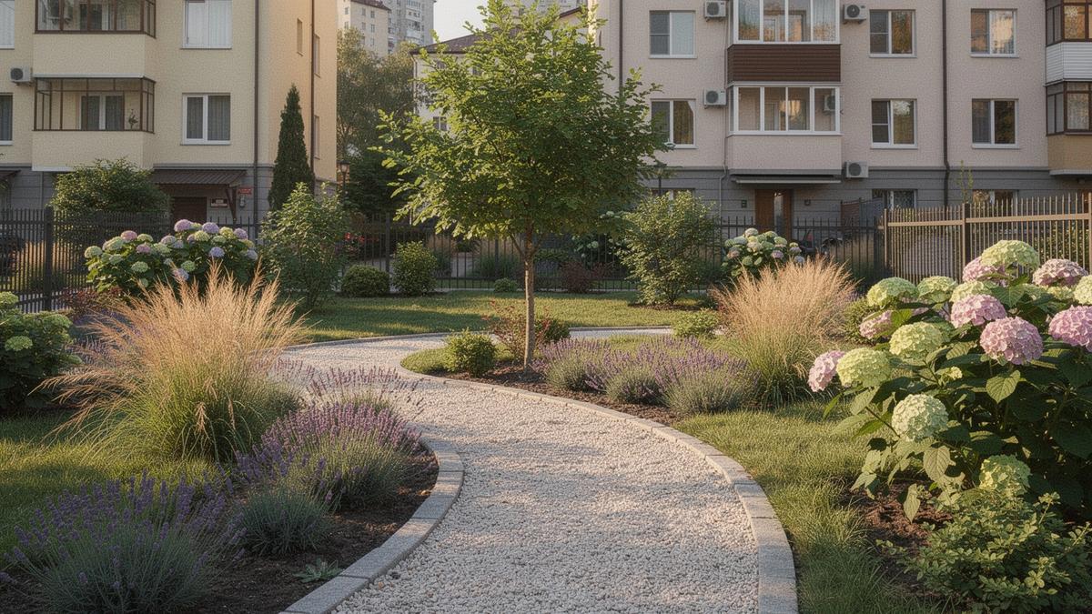 Kyiv garden after renovation with gravel path, ornamental grasses and hydrangeas
